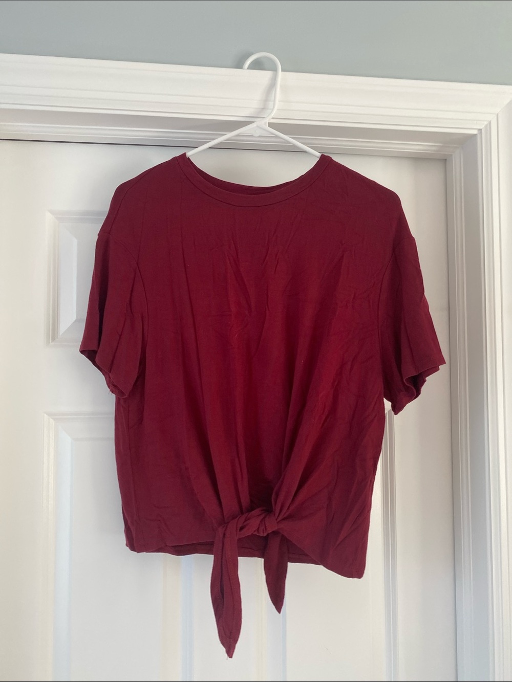 Tie-Front Crop Top in Burgundy - Women's Casual Tee